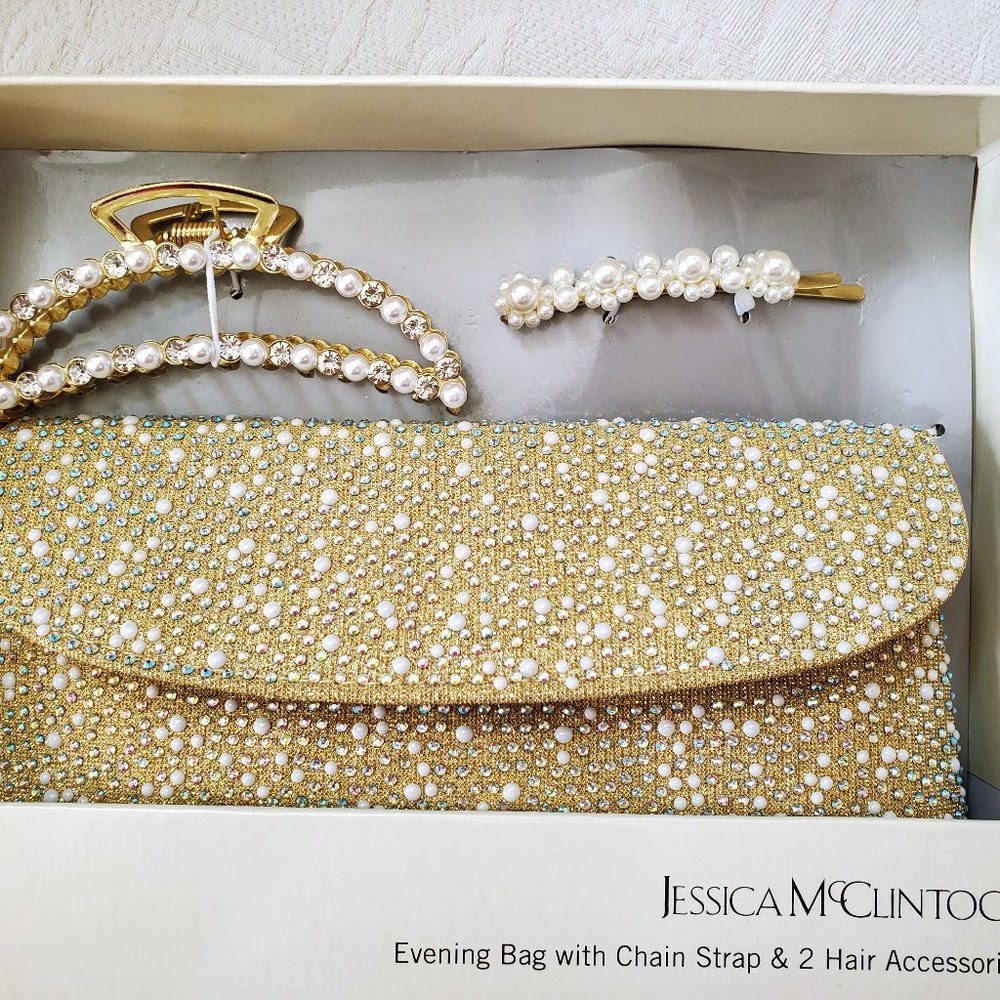 New Jessica McClintock Evening Bag with Chain Strap & Hair Accessories